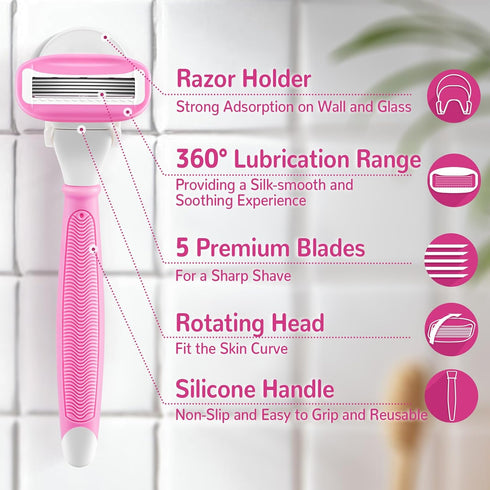 Razors for Women with 2 Non-Slip Handles, 14 Razor Refills, 5 Premium Blades, Disposable Razor with Shower Holder, Pink