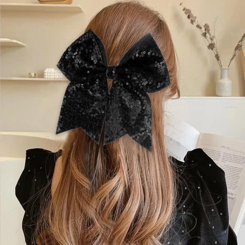 Large 7 Inch Glitter Bow Clip, Sequin Bling Party Hair Accessories for Women, Teens, Girls, 2 Pcs (Dark Purple, Black)