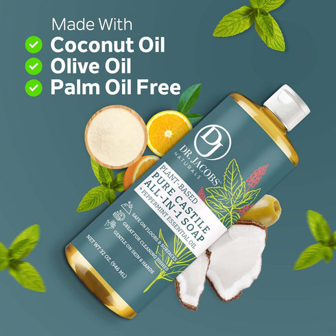 Dr. Jacobs Naturals Peppermint Castile Soap All-Purpose Cleaner, Eco-friendly Plant-Based Formula (32 Fl Oz)