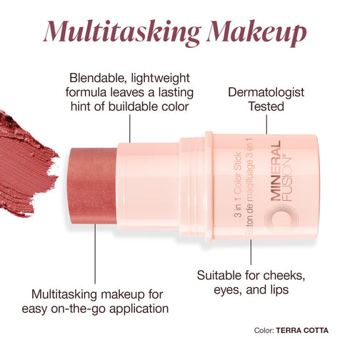 Mineral Fusion 3-in-1 Color Stick - Terra Cotta, Multi-Use Eye, Face, Lip Makeup, Creamy Lightweight Formula
