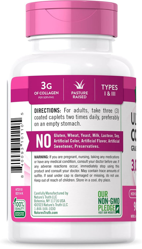 Nature's Truth Hydrolyzed Collagen Peptides - 90 Caplets, Type 1 and 3 with Vitamin C, Grass Fed