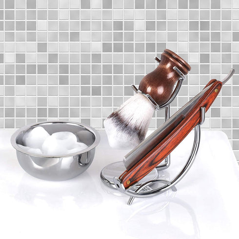 SANWA Grooming Shaving Kit for Men - Razor and Brush Stand with Stainless Steel Shaving Soap Bowl