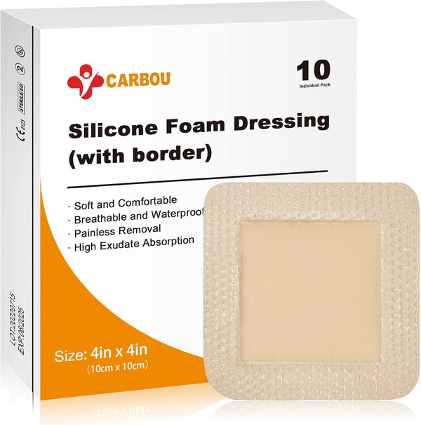 Carbou Silicone Foam Dressing with Gentle Border, 4"x4" Adhesive Waterproof Bandage for Pressure Sore, 10 Pack