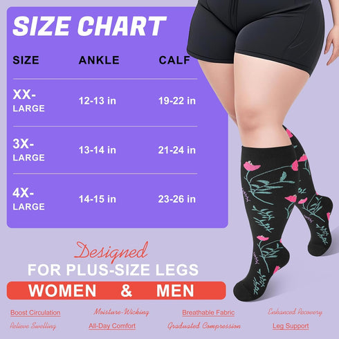 Tinojye 4 20-30 mmHg Pairs Plus Size Compression Socks,Extra Wide Calf Knee High Compression Socks for Men Women