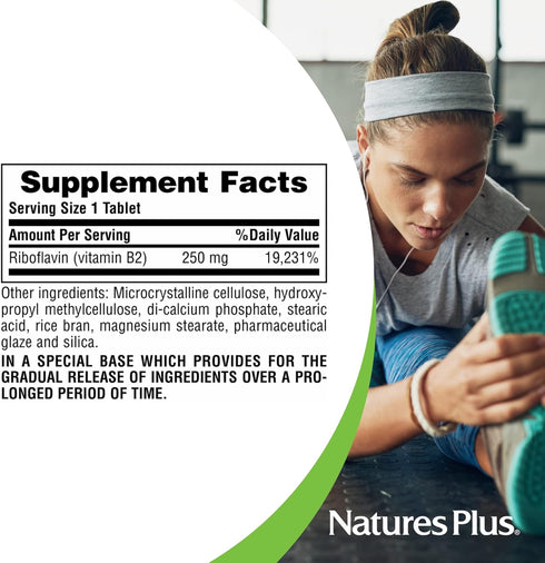 Natures Plus Vitamin B2 (Riboflavin) 250 mg, 60 Vegetarian Tablets, Sustained Release, Gluten-Free, Natural Energy