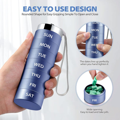 OUVBTX 7 Metal Weekly Pill Organizer, Large Travel Pill Box, Portable Aluminum Alloy Waterproof Container, Day Daily