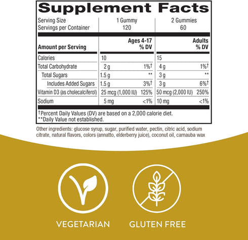 Nature's Way Vitamin D3 Gummies, 120 Gummies, Mixed Fruit Flavored, 2000 IU (50 mcg) per 2-gummy Serving, Supports