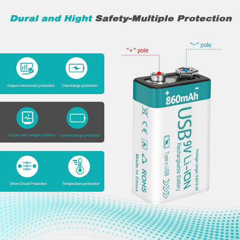 Rechargeable 9V Lithium USB Battery 860mAh (4 Pack) with 4 in 1 Charge Cable