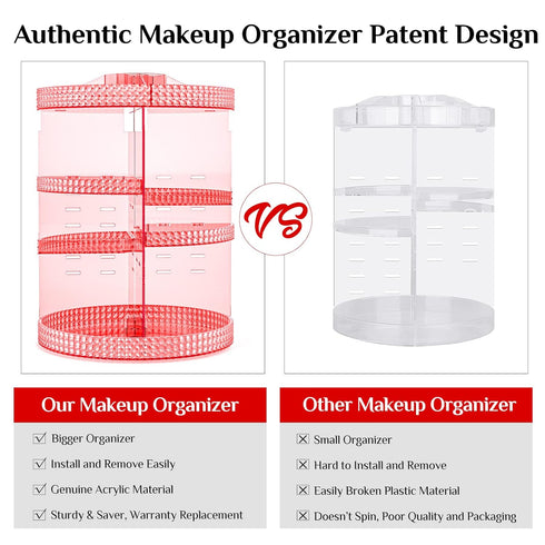 Pink 360 Makeup Organizer Carousel, Large 7 Layers Acrylic Make Up Organizer for Vanity, Fits Makeup Brushes,