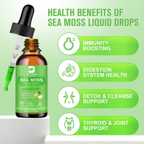 Sea Moss Liquid Drops, Organic Irish Sea Moss Gel with Burdock Root, 2 Fl Oz for Immune, Joint, Detox Support