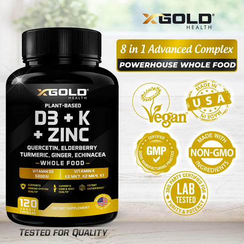 Vitamin D, K2, K1, Zinc, Quercetin, Elderberry, Turmeric, Ginger & Echinacea Whole Food Supplement - 120 Capsules