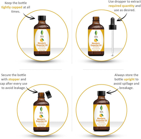 SVA Mandarin Essential Oil 4oz (118ml) Premium Essential Oil with Dropper for Diffuser, Aromatherapy, Hair Care, Scalp Massage & Skin Care