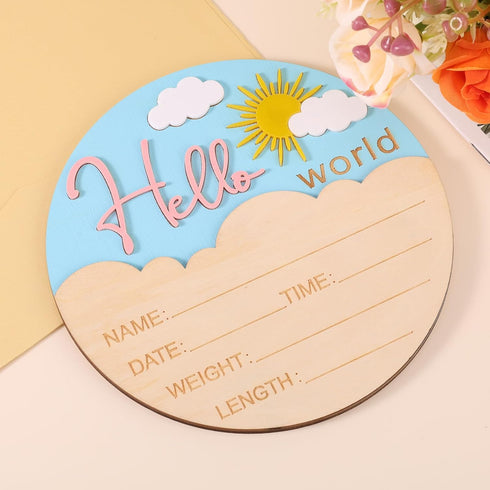 lasuroa 5.9 Inch Baby Announcement Sign, Cute Sun Style Wooden Hello World Newborn Sign Baby Name Plaque for Nursery