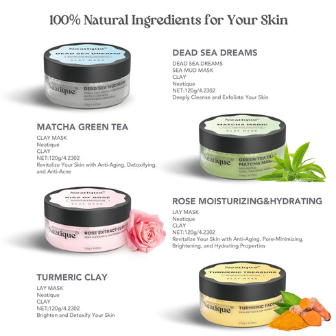 Neatique Face Masks Skincare Set, 480g (120gx4) High Capacity Facial Mask Set with Turmeric, Green Tea, Rose, Mud