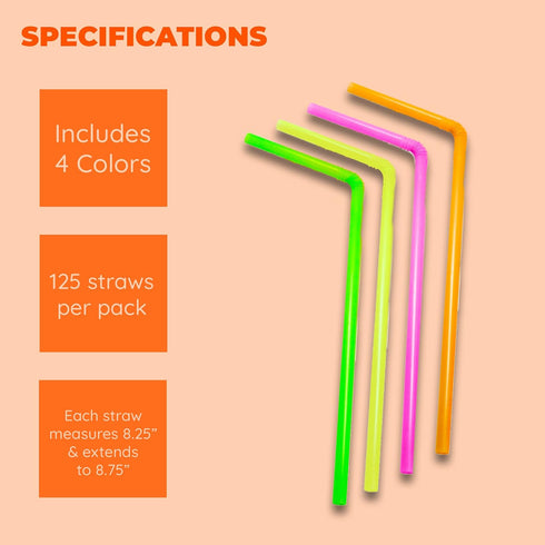 Jacent Flexible Disposable Drinking Straws, 125 Count Neon Bendy Plastic Straws for Summer Drinks & Crafts