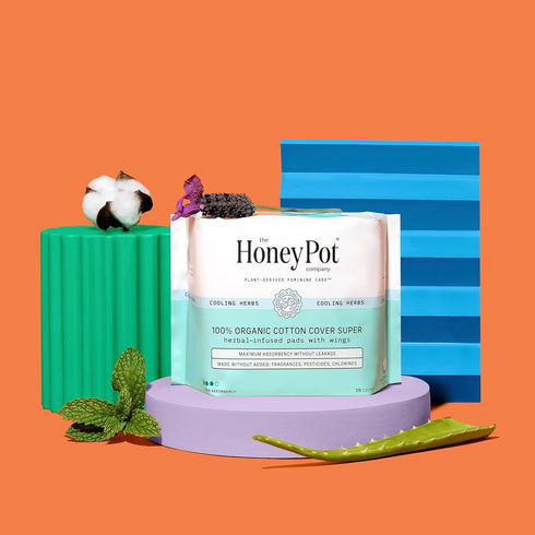 The Honey Pot Company Herbal Pads for Women - Super Pads w/Wings, Organic Cotton Cover, 16 ct