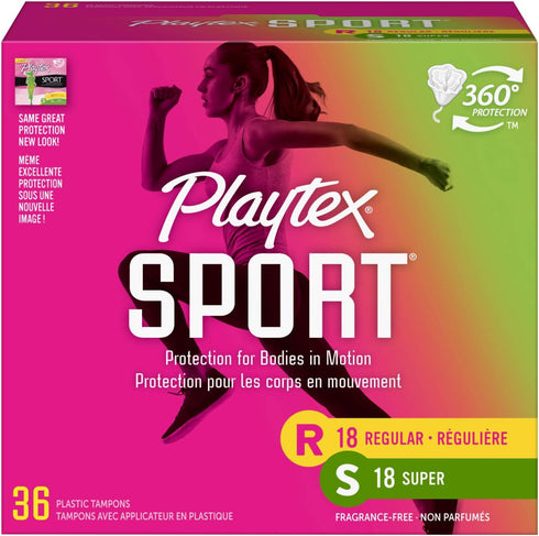 Playtex Sport Tampons with Flex-Fit Technology, Regular and Super Multi-Pack, Unscented -