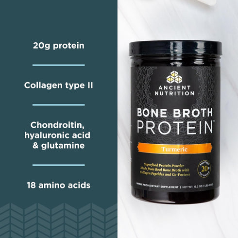 Ancient Nutrition Bone Broth Protein Powder - Turmeric, 20g Protein Per Serving, 20 Serving Tub, Gluten Free