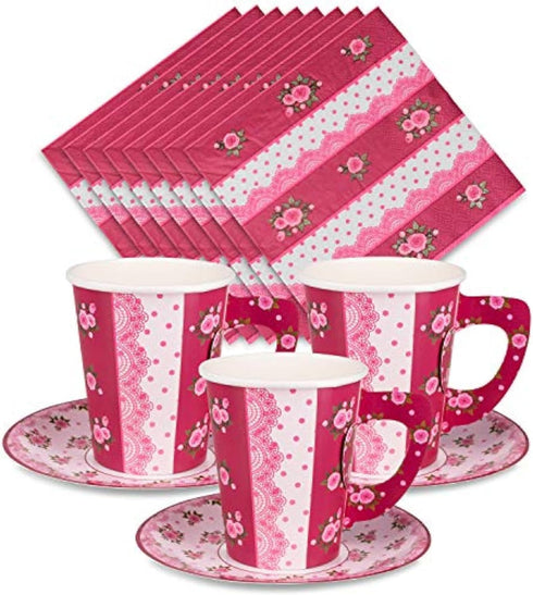 Royal Bluebonnet Paper Tea Cups and Saucer Sets - 24 Disposable Tea Party Decorations for Valentine's Day, Pink Floral