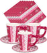 Royal Bluebonnet Paper Tea Cups and Saucer Sets - 24 Disposable Tea Party Decorations for Valentine's Day, Pink Floral