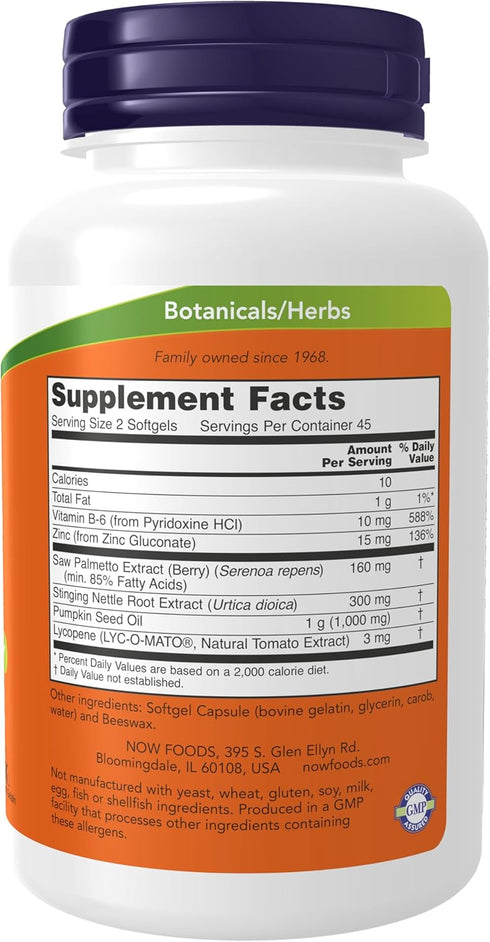 NOW Foods Supplements, Prostate Support with Standardized Saw Palmetto, Stinging Nettle & Lycopene, 90 Softgels