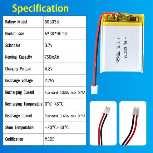 Qimoo 603038 3.7V 750mAh 603038 Pack PH2.0mm Lipo Battery Rechargeable Lithium Polymer Battery with JST Connector