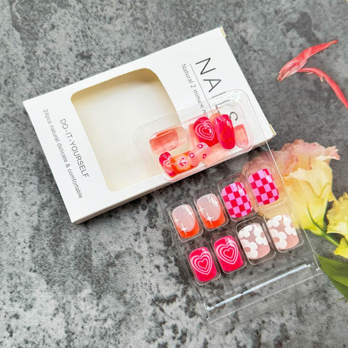 Short Square Press on Nails - Pink Fake Nails with French Tips, Rainbow Colorful Flower Heart Lattice Pattern, Summer