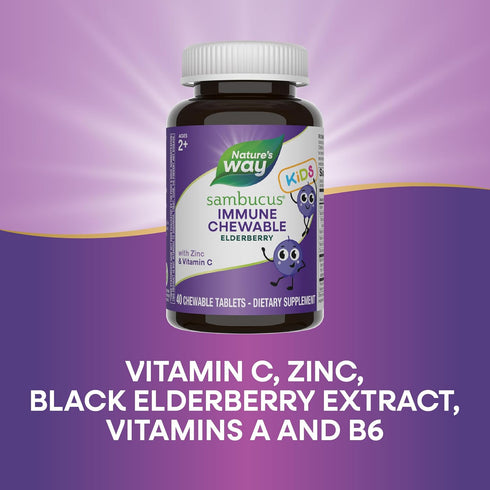Nature's Way Sambucus Immune Chewable for Kids, Elderberry, Ages 2+, Vitamins C & A, 40 Tablets