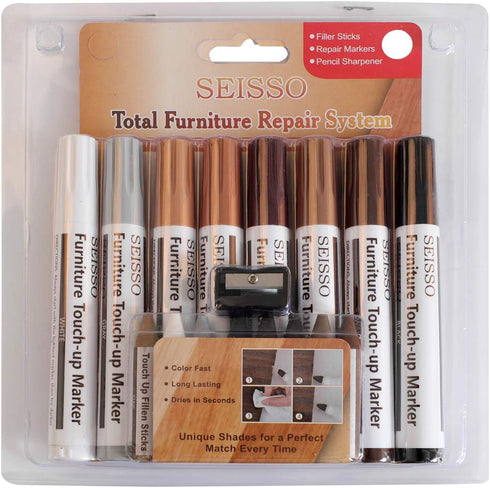 SEISSO Touch Up Furniture Markers - 17 Piece Kit, Scratch Repair Markers, Wax Sticks, Sharpener for Wood