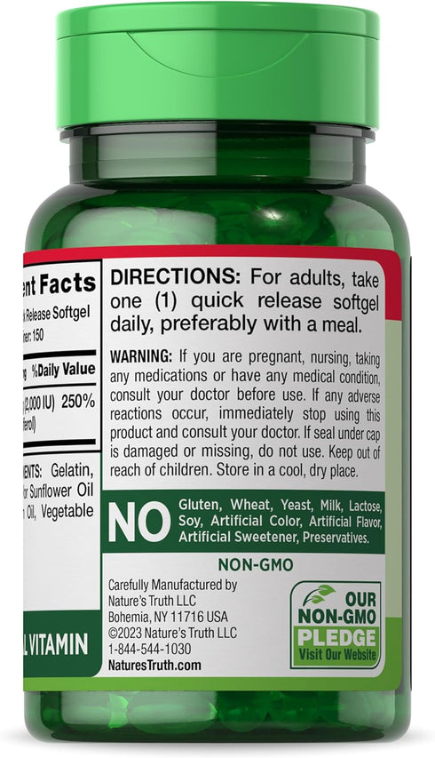 Nature's Truth Vitamin D3 2000 IU Softgels, 150 Count, High Potency, Non-GMO, Gluten Free Supplement