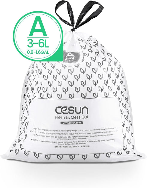 Cesun Code A Drawstring Trash Bags, 90 Count, Pre Cut 1.6 Gallon / 6 Liter Small Liners, White
