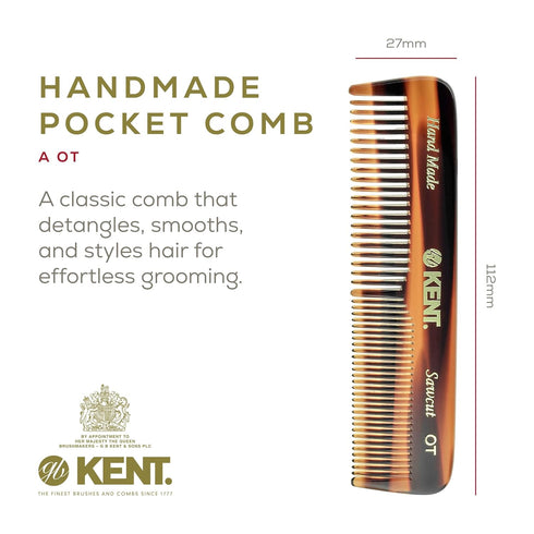 Kent A OT Small Double Tooth Hair Pocket Comb, Fine / Wide Tooth Comb For Hair, Beard and Mustache, Coarse / Fine Hair Grooming Comb for Men, Women and Kids. Saw Cut Hand Polished. Handmade in England