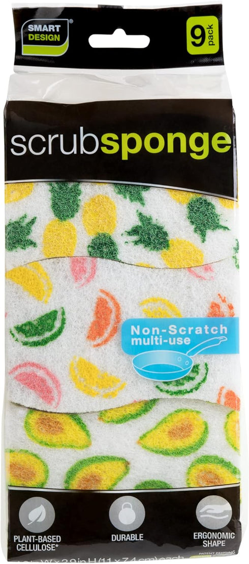 Smart Design Non-Scratch Cellulose Smart Scrub Sponge - Set of 9 - Ultra Absorbent - Ergonomic Shape - Fruit Pattern