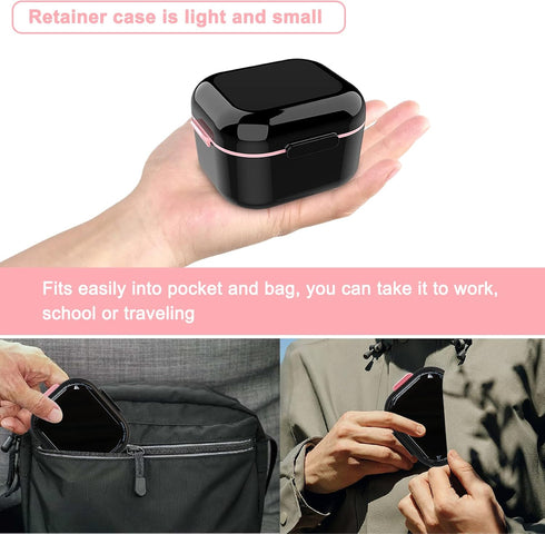 BVN Denture Bath Case, Retainer Cleaner with Mirror, Mouth Guard and Aligner Holder, Black for False Teeth