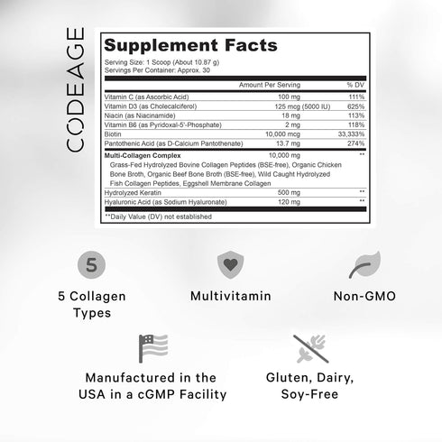 Codeage Multi Collagen for Women & Men, Biotin 10000mcg, Protein Powder with Vitamin C, D3, 11.5oz