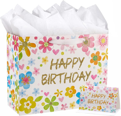 SUNCOLOR 13" Large Birthday Gift Bags with Tissue Paper and Card, Flowers Design