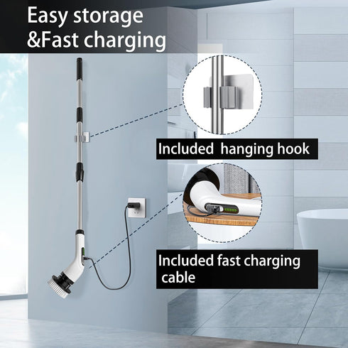 IPX7 8 Cordless Electric Spin Scrubber - Waterproof, LCD Display, Brush Heads, Adjustable Extension Handle, for Shower