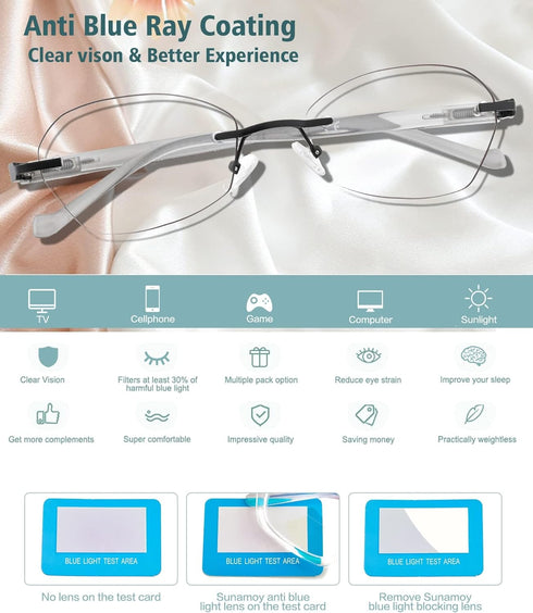 Rimless Multifocus Reading Glasses Women Progressive Multifocal No Line Bifocal Reader Blue Light Computer Eyeglasses