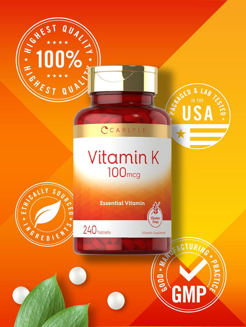 Carlyle Vitamin K 100 mcg, 240 Tablets, Vegetarian, Non-GMO, Gluten Free Supplement