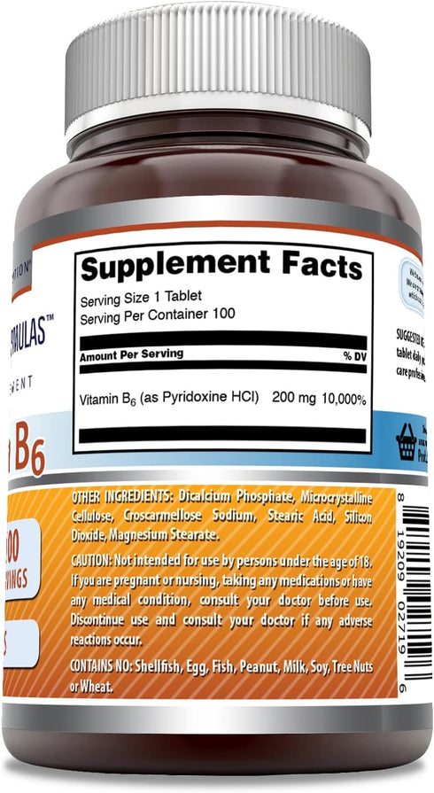 Amazing Formulas Vitamin B6 Pyridoxine, 200 mg, 100 Tablets, Non-GMO, Gluten Free, Made in USA