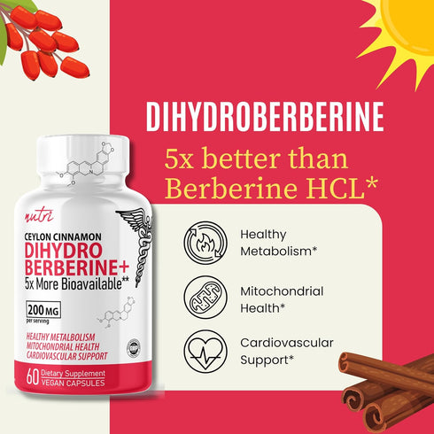 Dihydroberberine Supplement - 200mg, 60 Capsules - with Ceylon Cinnamon, 5X More Effective Than Regular Berberine HCL