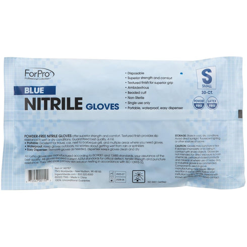 ForPro Professional Collection Disposable Nitrile Gloves, Chemical Resistant, Powder-Free, Latex-Free, Non-Sterile, Food Safe, 4 Mil, Blue, Small, 30-Count