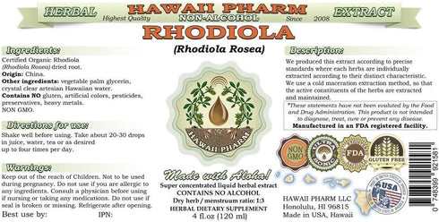 Hawaii Pharm Organic Rhodiola Alcohol-Free Liquid Extract, Dried Root Glycerite Herbal Supplement, 2 fl.oz