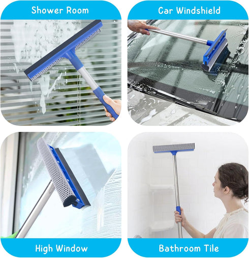 Window Squeegee - 56'' Long Handle Cleaner Tool, 2-in-1 Window Scrubber for Home, Car Windshield, Shower Door