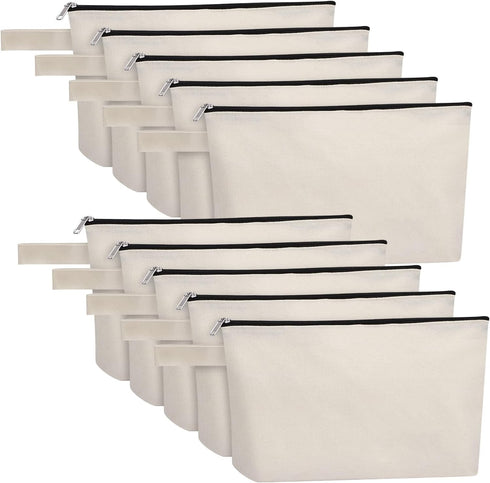 10 Pieces Cotton Canvas Makeup Bag with Bottom, Multi-Purpose Zipper Travel Toiletry Pouch, Blank DIY Craft Bag (M,