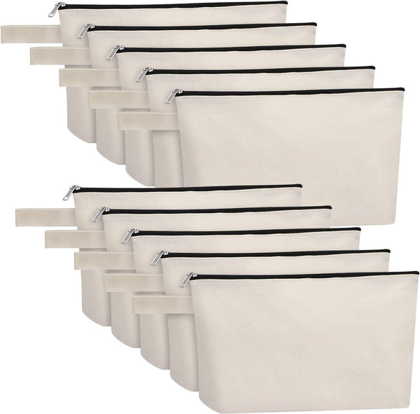 10 Pieces Cotton Canvas Makeup Bag with Bottom, Multi-Purpose Zipper Travel Toiletry Pouch, Blank DIY Craft Bag (M,