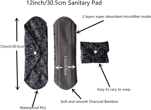 Sigzagor 6 12 Inch Pieces Heavy Flow Charcoal Bamboo Mama Cloth/Menstrual Pads/Reusable Sanitary Pads