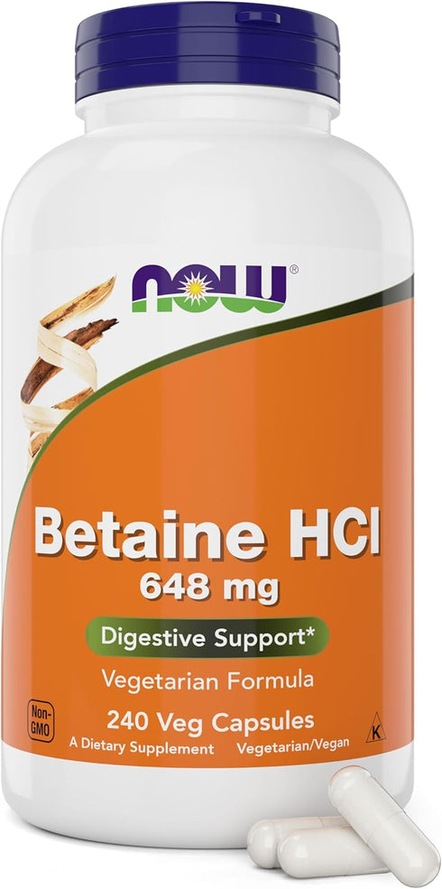 NOW Betaine HCl 648mg - Digestive Enzymes Supplement with Pepsin Protease for Protein Digestion Support - 240 Veg
