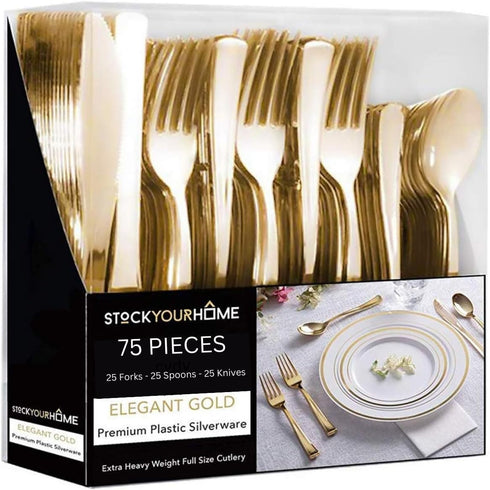 75 Pieces Heavy Duty Plastic Silverware Set, Gold Disposable Cutlery for Parties, Weddings, Catering, Includes 25