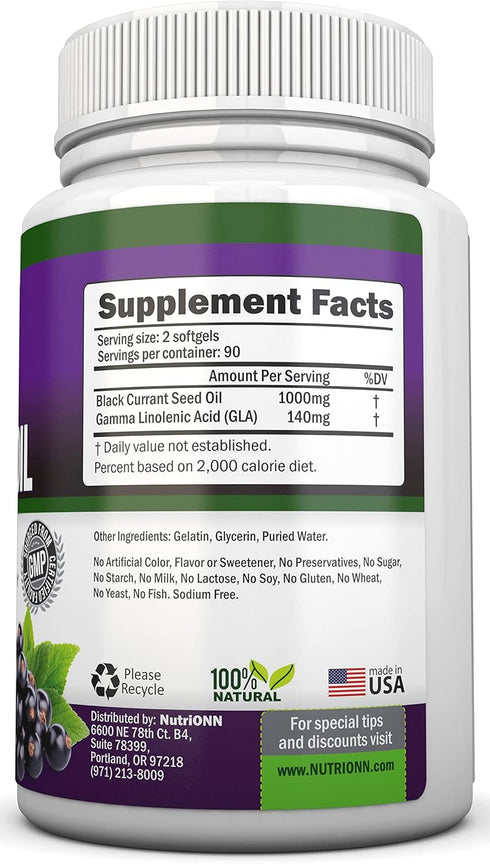 Black Currant Oil - 1000 Mg, 180 Softgels - Cold-Pressed Pure Black Currant Seed Oil, 140mg GLA Per Serving